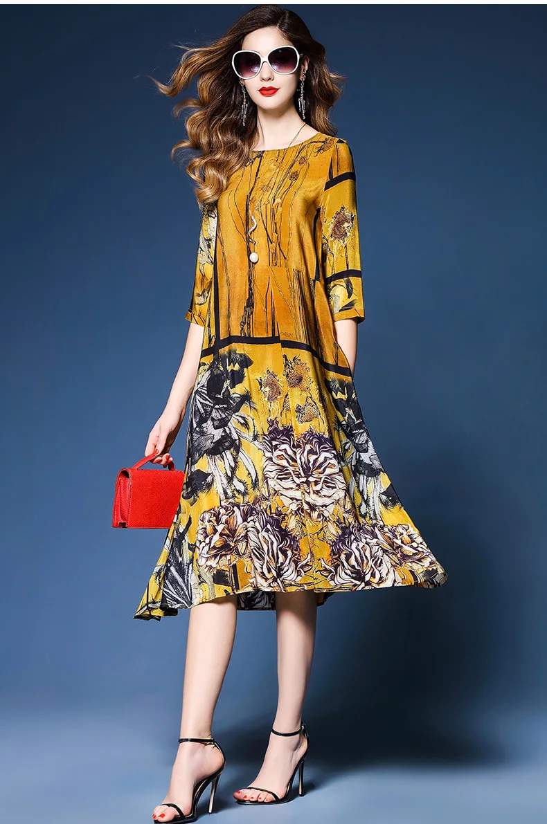 Женское платье элегантные цветочные весенне-летние платья с рукавом три четверти китайские винтажные платья с принтом из искусственного шелка высокого качества