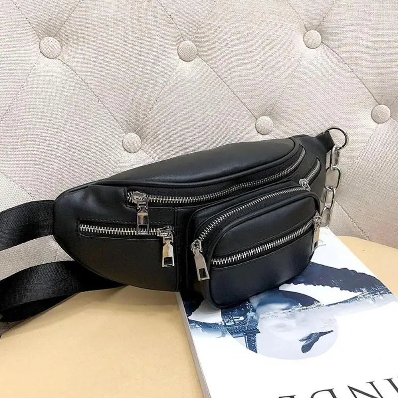 Роскошные черные женские сумки на пояс из искусственной кожи с несколькими карманами, нагрудные сумки, кошелек на ремешке-цепочке, мини