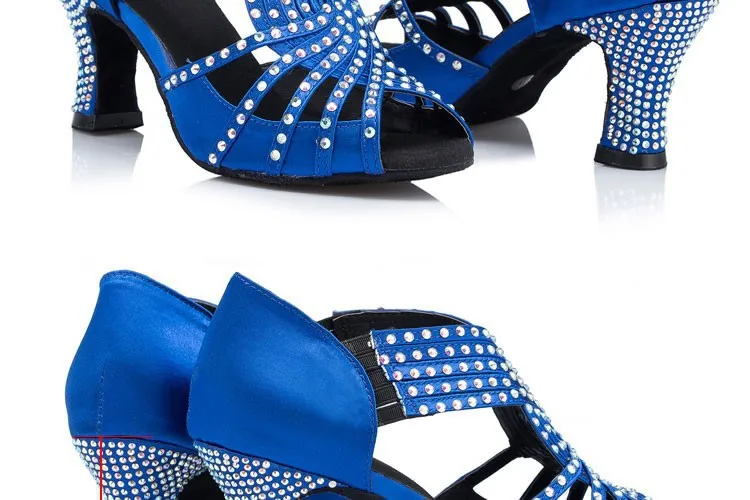 DILEECHI/синие атласные стразы; женская обувь для латинских танцев; женская обувь для сальсы на квадратном каблуке; обувь для танцев на мягкой подошве; вечерние и свадебные туфли