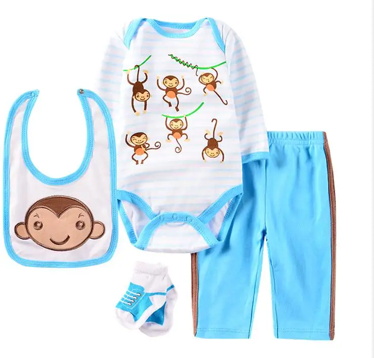 Милые комплекты одежды для маленьких девочек Модная хлопковая одежда для малышей с героями мультфильмов костюмы для новорожденных Детский комбинезон с длинными рукавами из 4 предметов+ штаны+ носки+ нагрудник - Цвет: color as photo