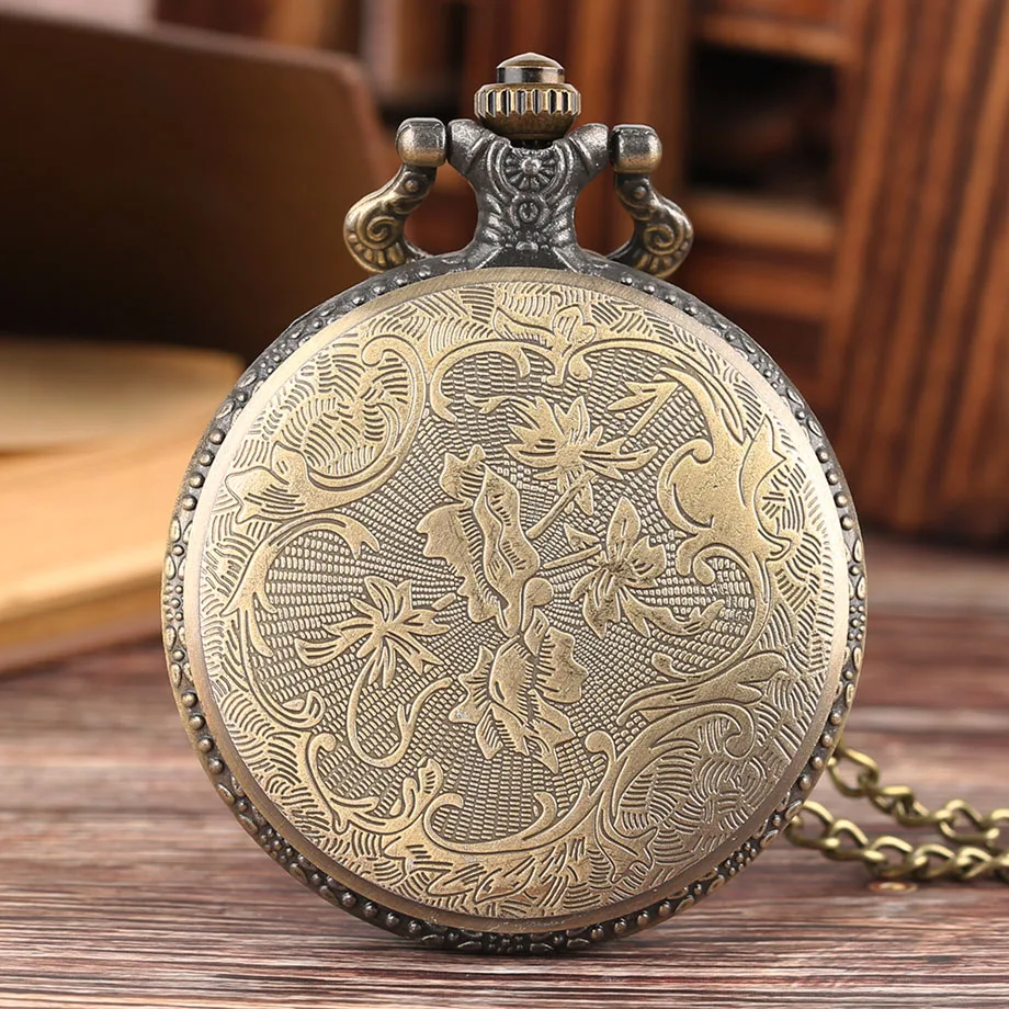 Retro Bronze Geometry Rome Number Compass Case Quartz Pocket Watch Vintage Necklace Pendant Clock Chain Gift Relogio De Bolso (8)
