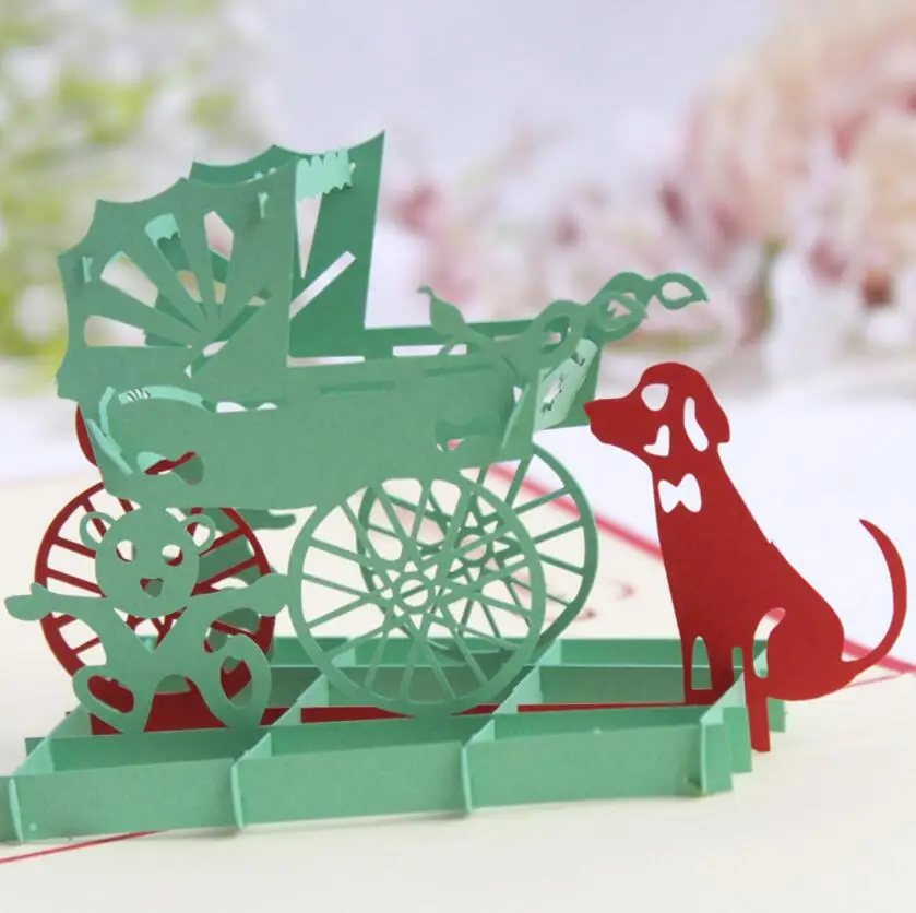  10pcs 3D Creative Dog+Baby Stroller Handmade Kirigami Origami Wedding Party Baby Shower Invitation  - 32817476831