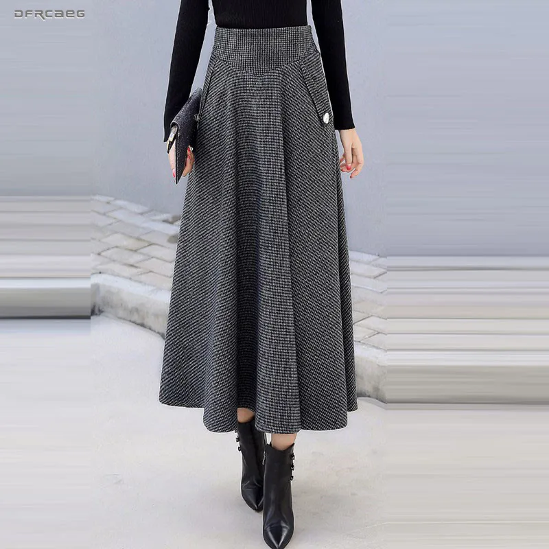 High Waist Retro Plaid Woolen Women Skirts Winter 2024 Fashion Warm Winter Office Wool Pleated Maxi Skirt Femme Saia Longa stylish gradient leopard pleated skirt green print short skirt retro high waist mini skirts summer beach skirt streetwear skirt