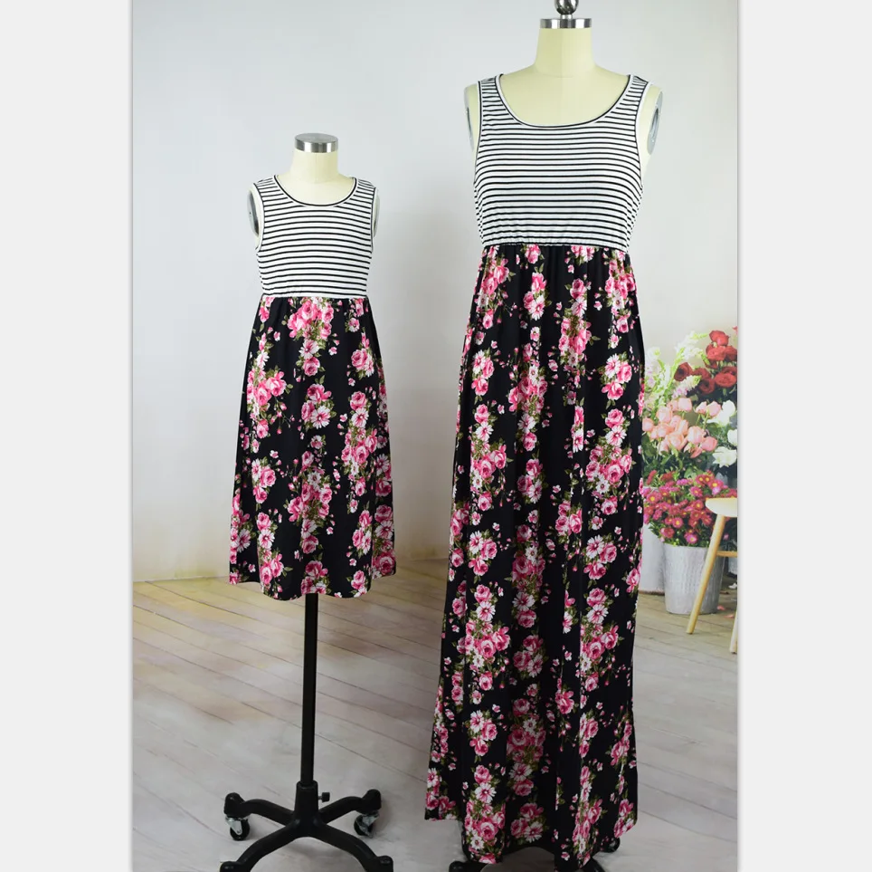 ZOGAA 2019 solid black-and-white mother daughter dresses striped patchwork sleeveless vestidos de fiesta de noche