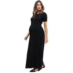 Черный платье макси для беременных Для женщин спереди плиссированный короткий рукав свободные плотная длинные платья на каждый день