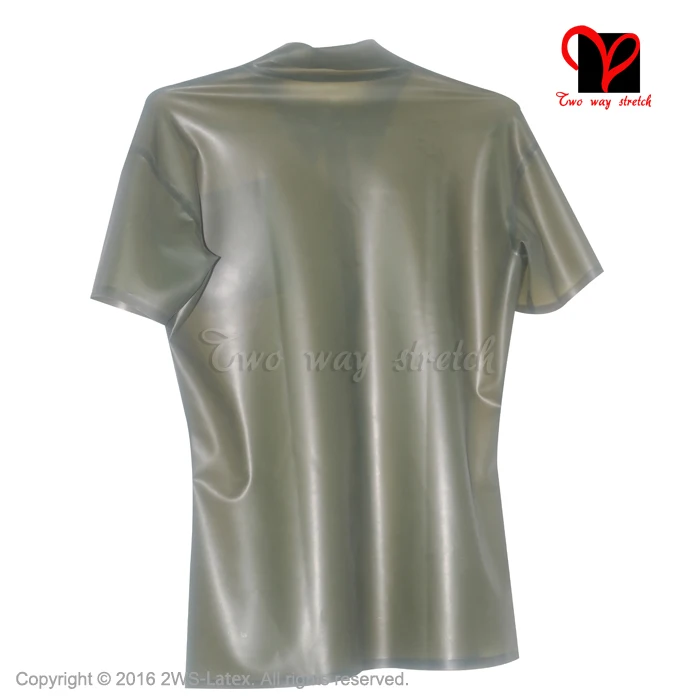 Militay Latex uniform button turn down collar pocket Tee shirt Rubber Top Gummi blouse clothing clothes Transparent green SY-025 6