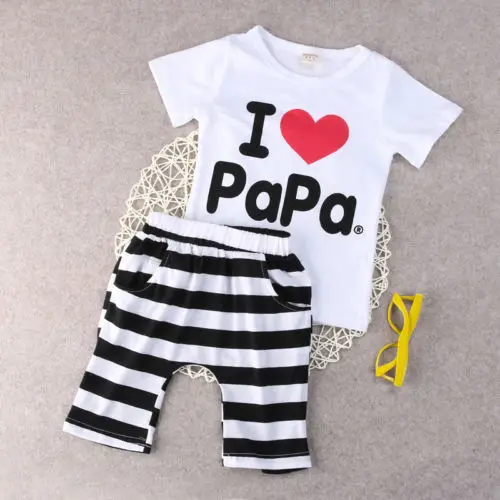 

2PCS Newborn Infant Twins Baby Boy Girl Summer Casual I LOVE Papa Mama Letter Print T-shirt+Pants Suit 0-24M Outfits Sets