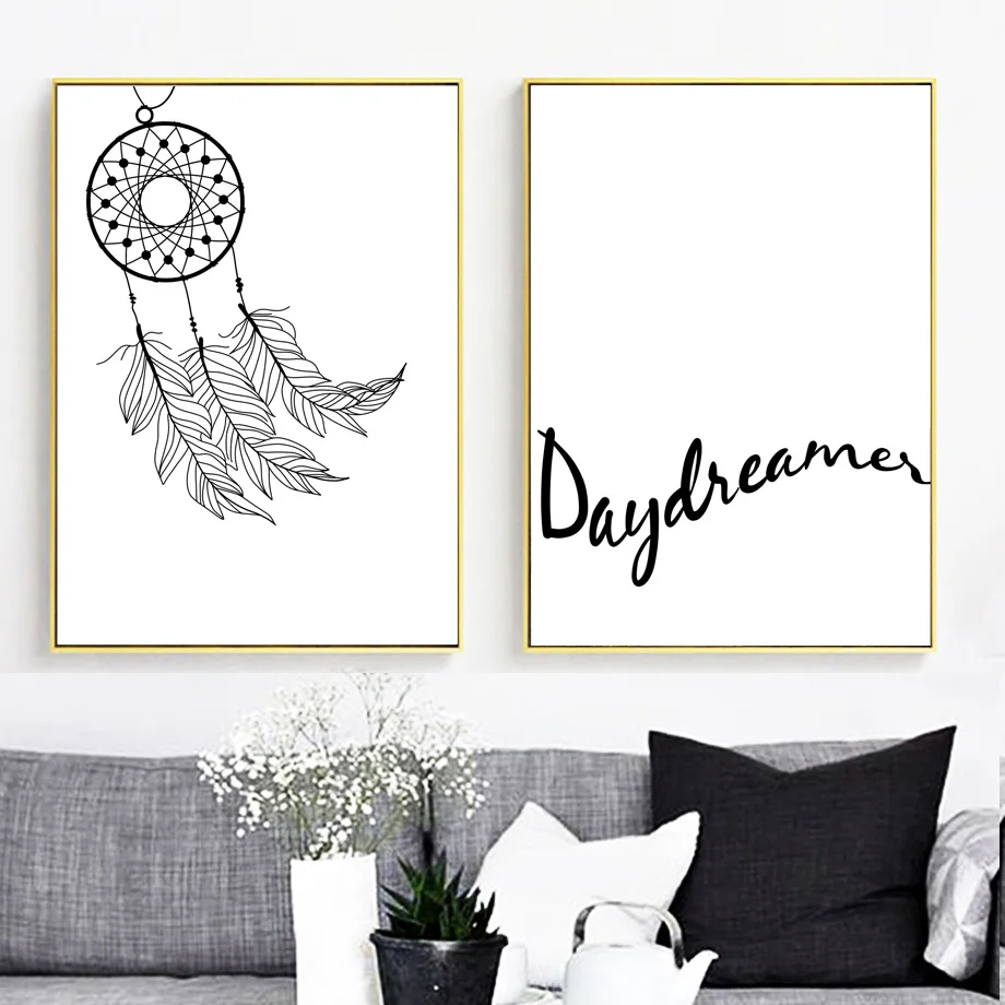 Black White Dreamcatcher Feather Quotes Nordic Posters And Prints Wall Art Canvas Painting Cartoon Wall Pictures Kids Room Decor