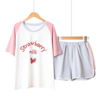 

Women Sleepwear Summer Ladies Cotton Pajamas Set Sweet Strawberry Printed 2Pcs Short Sleeve+Shorts Comfort Casual Wear Homewear
