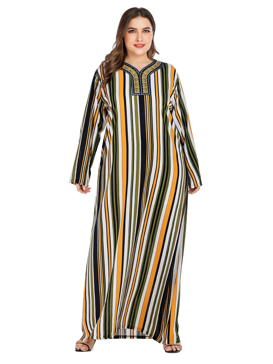 Осеннее женское мусульманское платье в полоску с принтом большого размера abaya модный халат турецкий Дубай длинный Восточный халат марокканское платье VKDR1735 - Цвет: Цвет: желтый