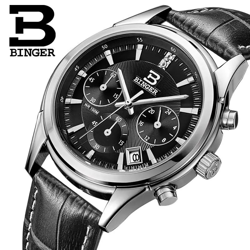 

Genuine Leather Strap Switzerland BINGER men's watch luxury brand Quartz waterproof Auto Date Chronograph Clock BG6019-M2