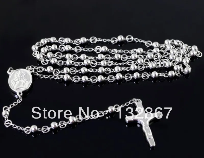 1pcs Rosary chain Stainless steel necklace 4mm ball silver cross for