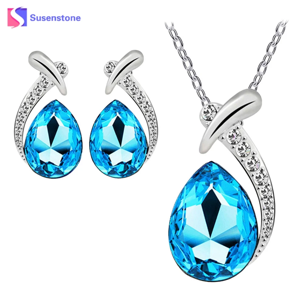 

susenstone 2018 Hot Vintage Women Jewelry Sets Crystal Pendant Necklack Chain Necklace Stud Earring Set Women Wedding Jewelry