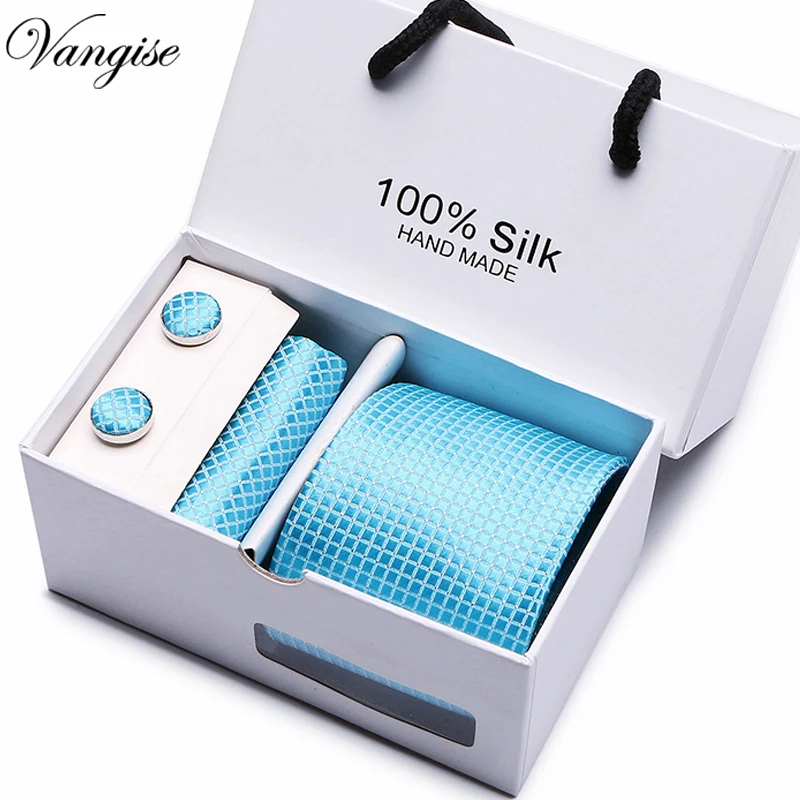 

2018 New style Plaid Necktie Set&Gift Box Jacquard Woven Silk Hanky Cufflink Ties For Men Business Wedding Party Groom gift