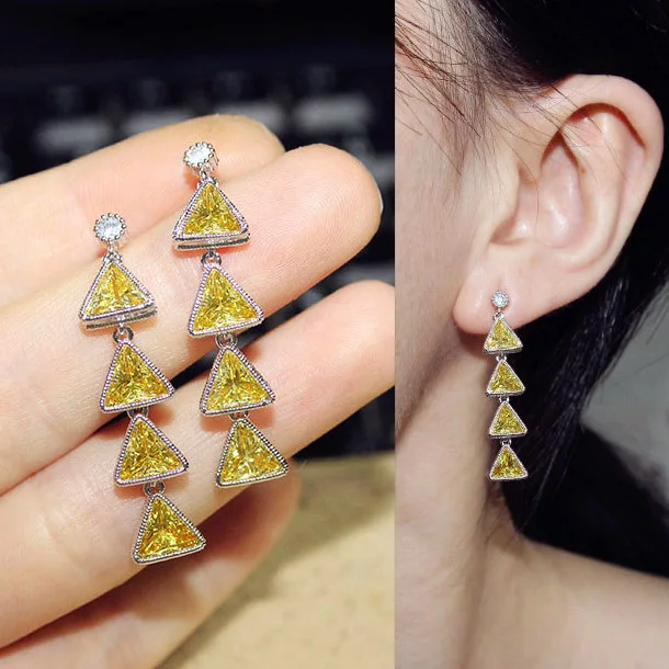 Fashion Shining Small Triangle Long Tassel Drop Earrings Yellow Purple Cubic Zirconia Dangle For Women Party Jewelry | Украшения и