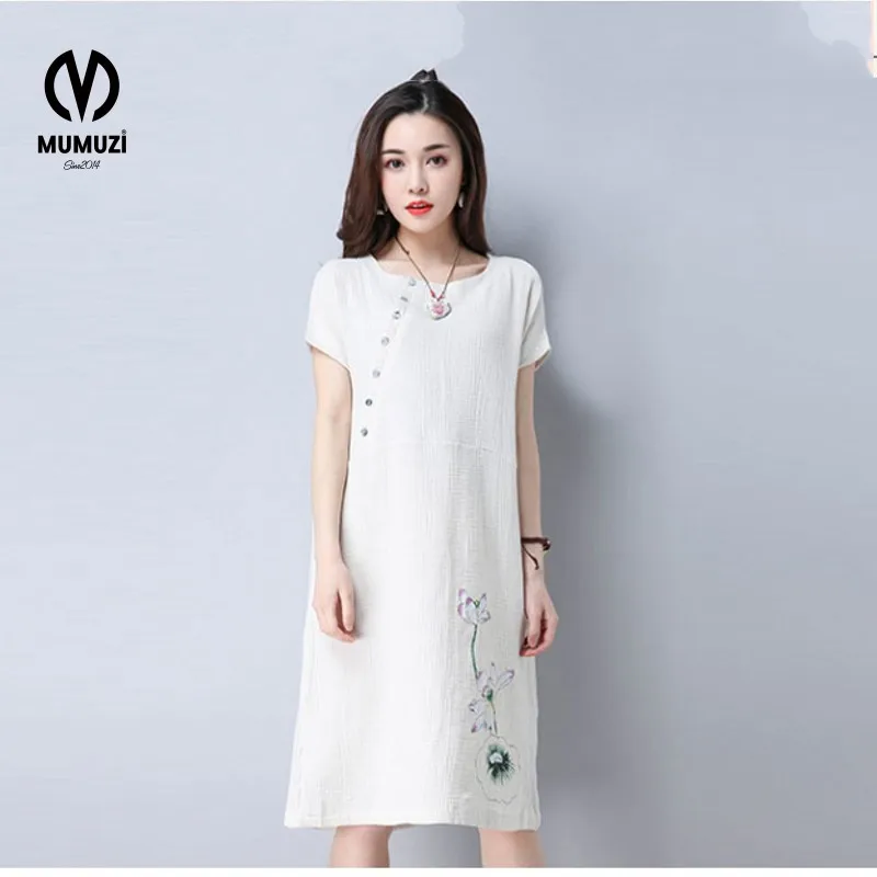 Buy Cheap Tropical Floral New Women's Fashion Personality Pure Color Applique Adornment Straight Knee Summer Dress With Short Sleeves Roun