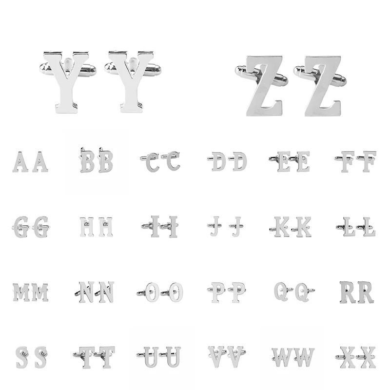 Одна пара, модные мужские алфавитные запонки, Мужская официальная деловая рубашка с буквенным принтом, свадебные Серебристые рубашки с пуговицами и манжетами
