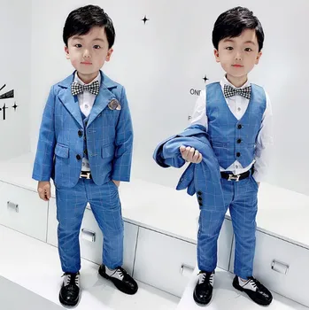 

2-9Y new 2019 spring plaid wedding boys clothing sets 3pcs balzer+vest+pant boys clothing set kids clothes vest