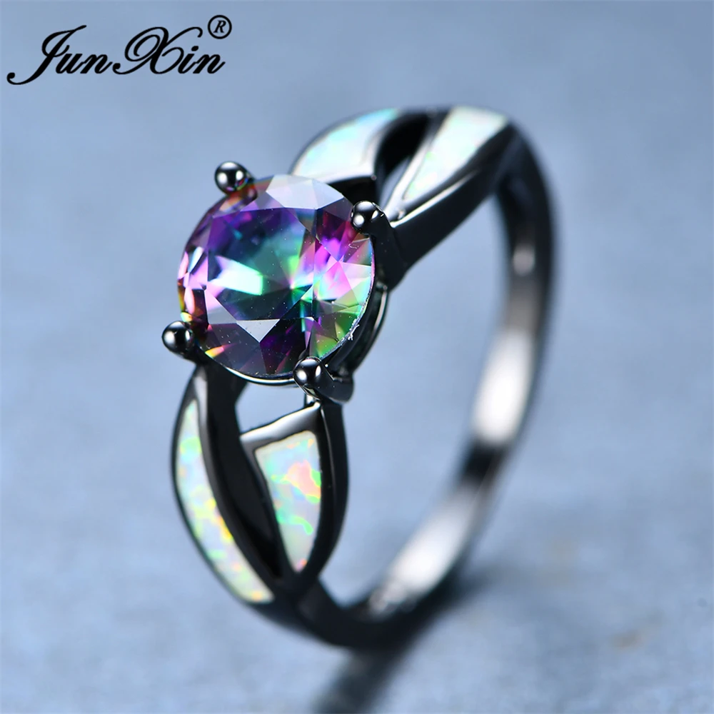 

JUNXIN Brand Women's White Fire Opal Ring Fashion Rainbow Round Ring Black Gold Filled Jewelry Vintage Wedding Rings For Women