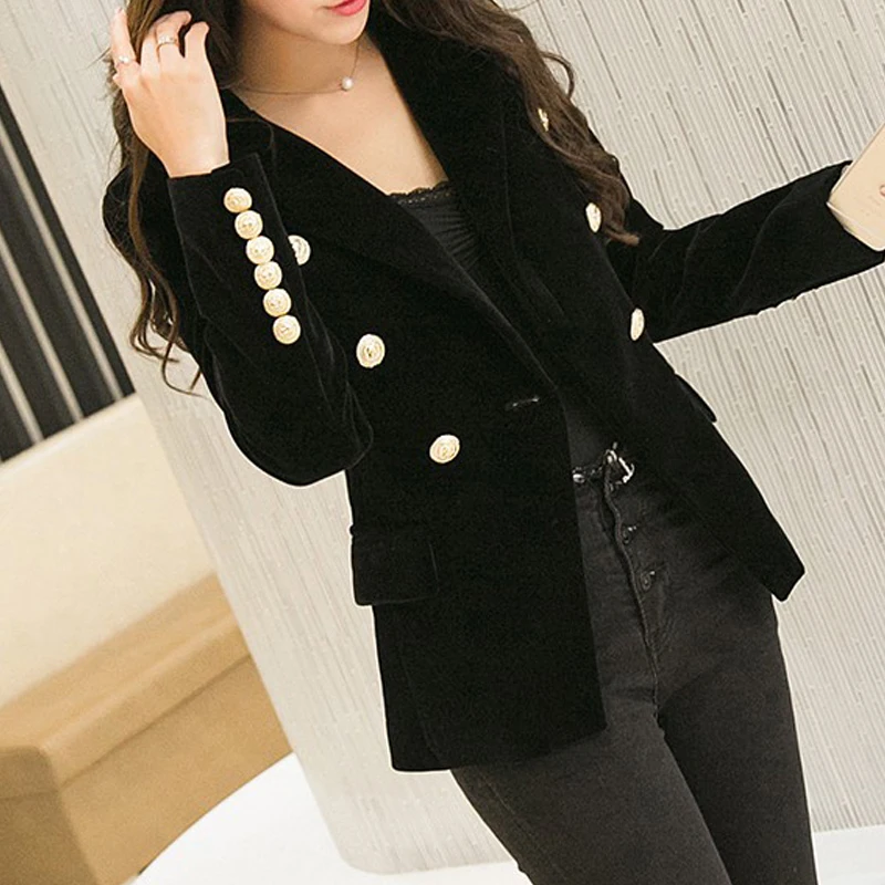 Velvet Women's Jacket Blazer Coat Solid Double Breasted Office Blazer Women Long Sleeve Blazers Female Outwear Slim Work Suit