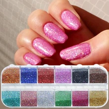 12 цветов/Чехол, лазерный блеск для ногтей, голографические блестки, порошок для ногтей, мерцающий лазер, зеркальная пыль, сделай сам, дизайн ногтей, хромированный пигмент, декор TRL