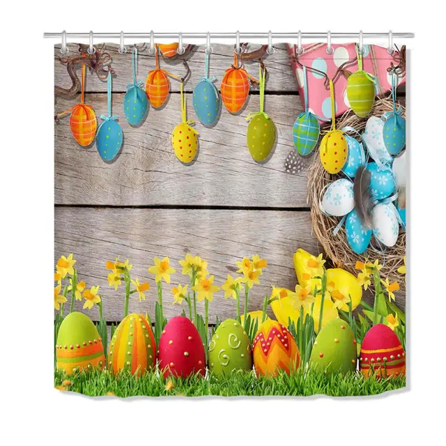 Easter Polyester Shower Curtain Eggs Grass Wooden Rabbit Bathroom