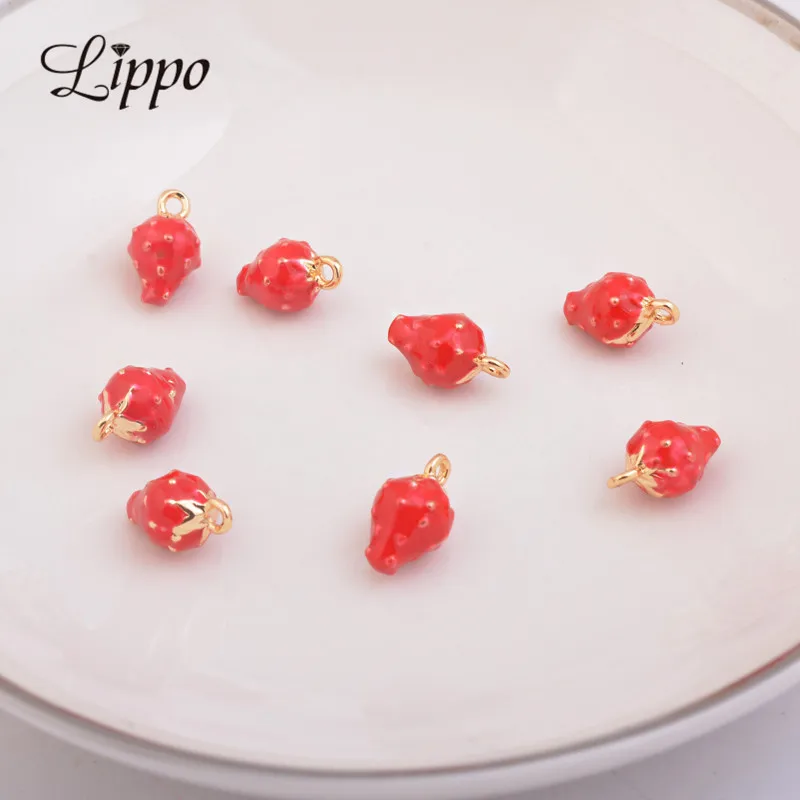 

10pcs High Quality Strawy Enamelled Charms Dripping Oil Gold Strawberry Enamel Pendant Jewelry Accessories Finding
