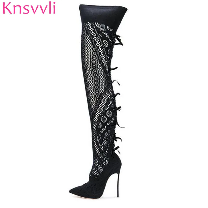 

New High lace Long Boots Women Point toe Black Yellow lace Party Shoes Summer High Heel Boots ladies Cut Outs Thigh High Boots