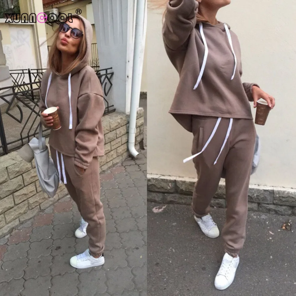 

XUANCOOL 2018 Autumn Winter Irregular Solid Women's Outfits Long Sleeve Hoodies and Long Pants Two Piece Set Fitness Tracksuit