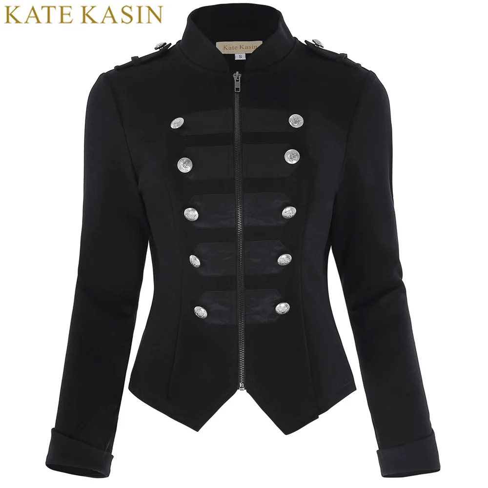 Kate Kasin Military Jacket Women Black Long Sleeve Button Decorated Zipper Vintage Gothic Victorian Coats Corset Tops Outerwear Kate Kasin Military Jacket Women Black Long Sleeve Button Decorated Zipper Vintage Gothic Victorian Coats Corset Tops Outerwear