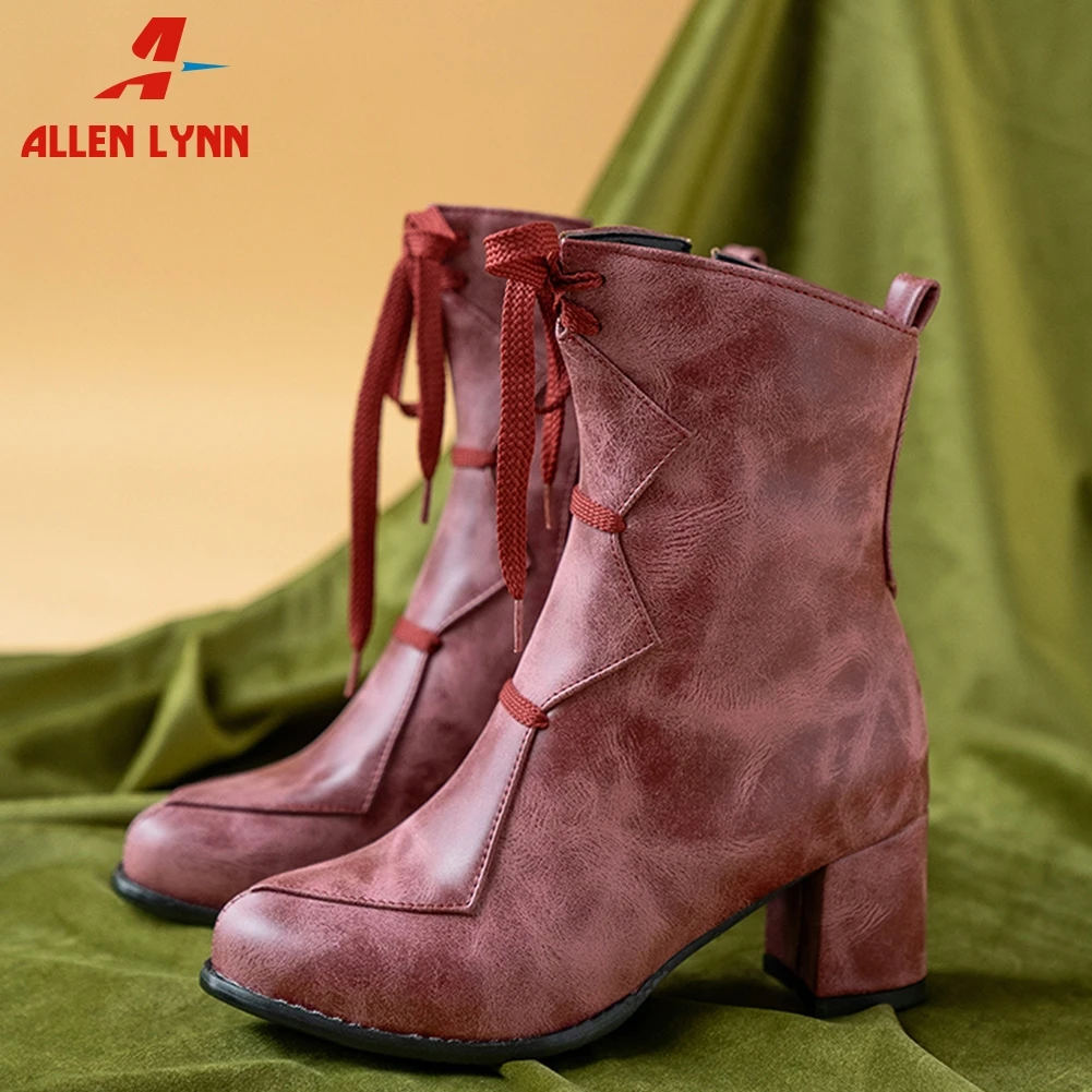 

ALLENLYNN Ankle Boots Woman Vintage Patchwork Zip Round Toe Spring Autumn Winter women's Boots Woman Plus Size 31-48