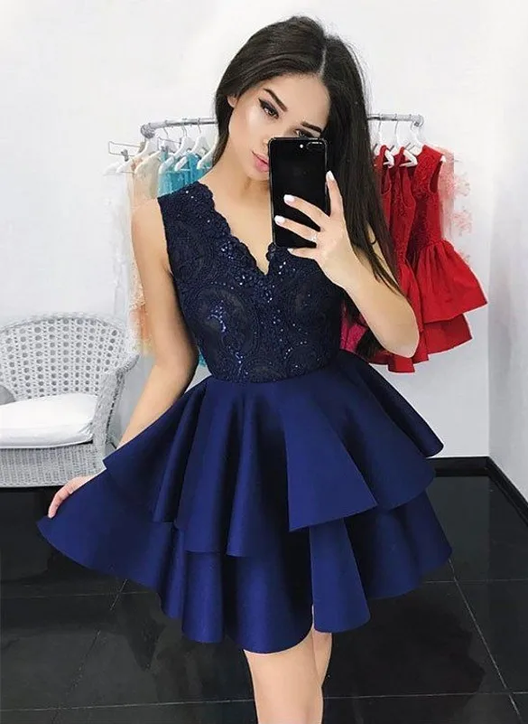 Шикарные Сатиновые платья с v-образным вырезом и кружевными оборками 8 класса для выпускного бала vestidos de graduacion короткое платье для выпускного вечера платья для выпускного вечера - Цвет: Navy Blue