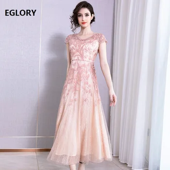 

Bridesmaid Dress 2019 Summer Fashion Wedding Party Ladies V-Neck Crystal Beading Embroidery Short Sleeve Lace Long Dress Maxi