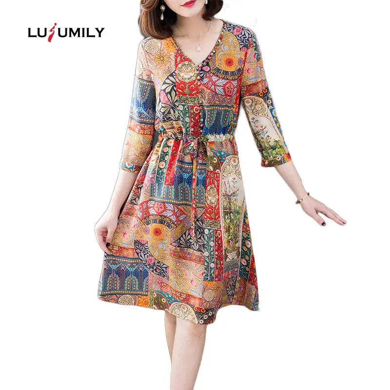 

Lusumily Women Vintage Floral Print Flower Chiffon Dress Female Retro V-Neck Casual Chic Dress Female Half Sleeve Waist Vestidos