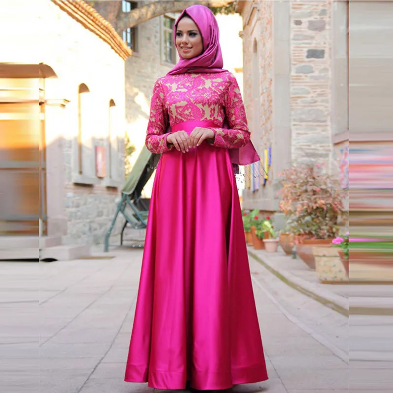 Charming Rose Red Kaftan Prom Dress with Long Sleeve Great Design Muslim Woman Appliqued Evening Dress139