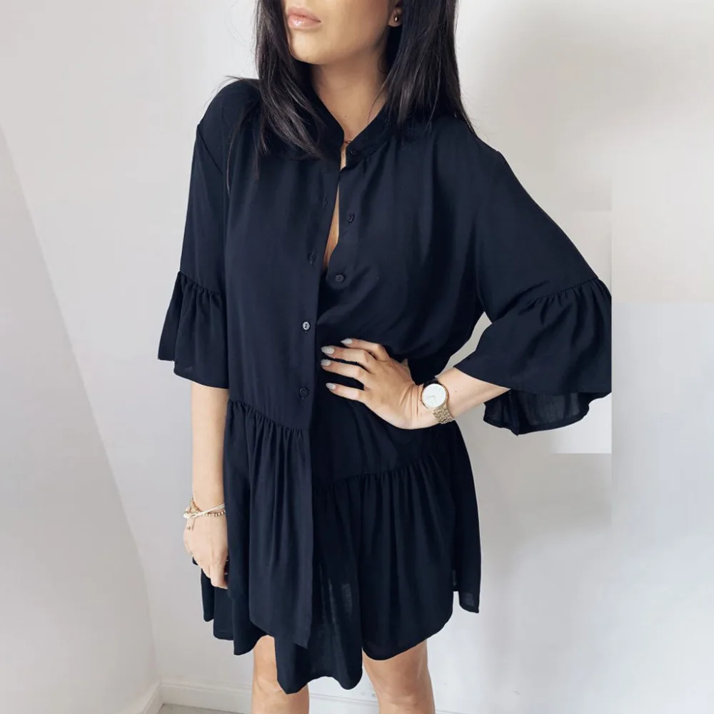 2019 Fashion summer women's casual V-neck sexy beach dress long lace straps solid short-sleeved mini beach dress cover up 40J10 (8)