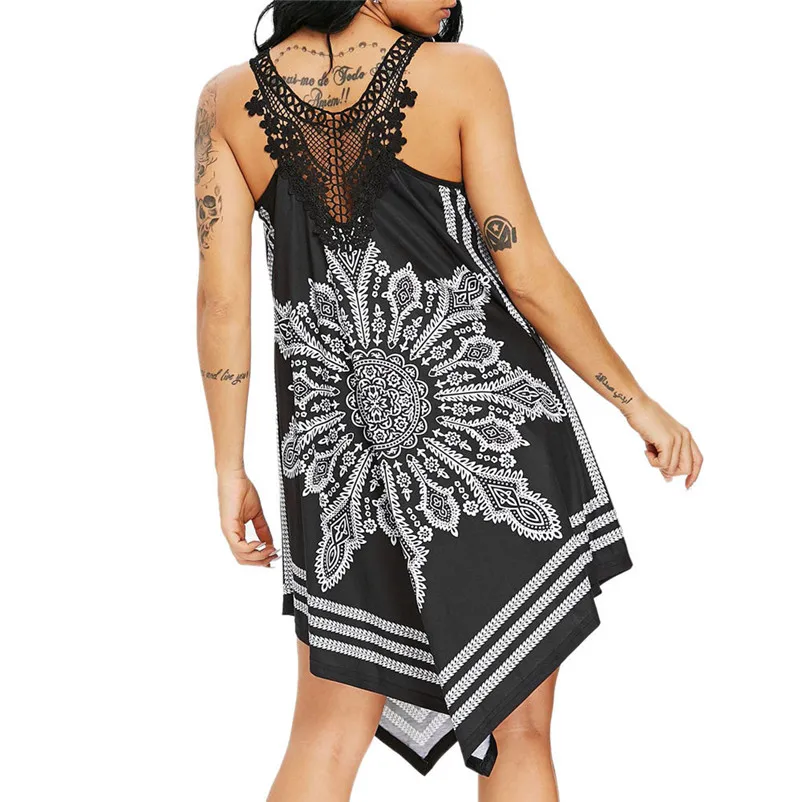 HOT Sell dress summer 2018 Women Ladies Lace Splice Printing Sleeveless Mini Dress Summer Beach Dress vestidos robe J18#N (5)