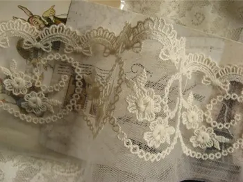 

Ivory Embroidered Mesh Lace Trim with Retro Floral Antique Scollap Lace Trim 10 yards WSCX10M