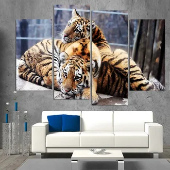 

4 Panel Art Canvas Painting Baby Tigers Couple Cubs HD Printed Poster Home Decorative Picture On The Wall for Living Room XA080C
