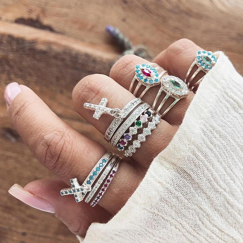 

10 Pcs/set Women Boho Retro Colorful Crystal Cross Pendant Geometry Ring Set Lady Luxury Jewelry Engraved Silver Wedding Ring