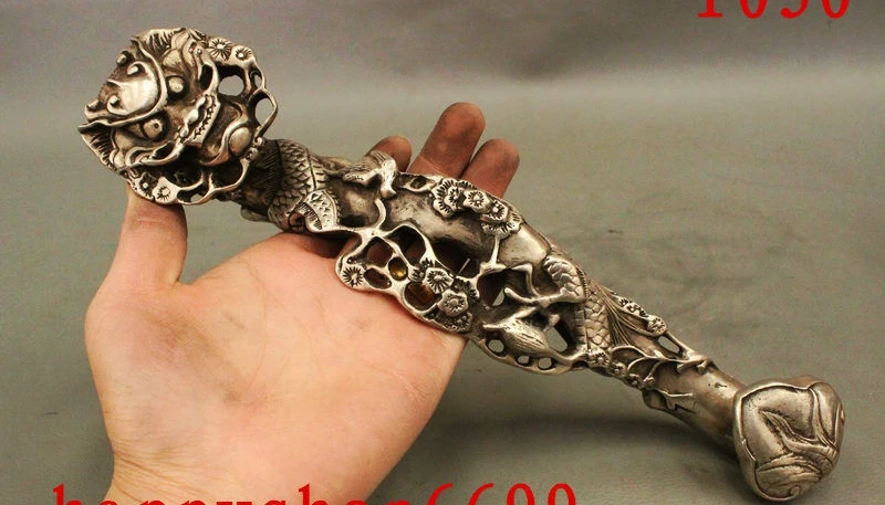 

11" Folk China Buddhism Silver JiXiang Tree Auspicious Dragon RuYi Statue Set