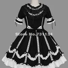 Черно-белое хлопковое платье лолиты в горошек с бантом и кружевом в готическом стиле