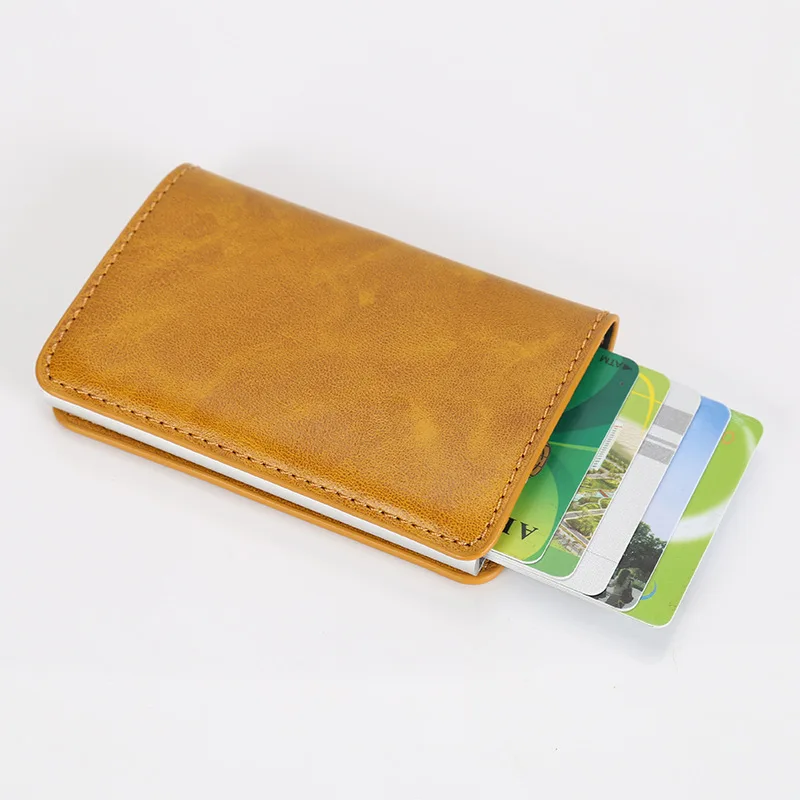 Металлический держатель для карт, автоматический эластичный винтажный алюминиевый кошелек, кожаный Противоугонный Rfid блокирующий кошелек, держатель для пропуска 528