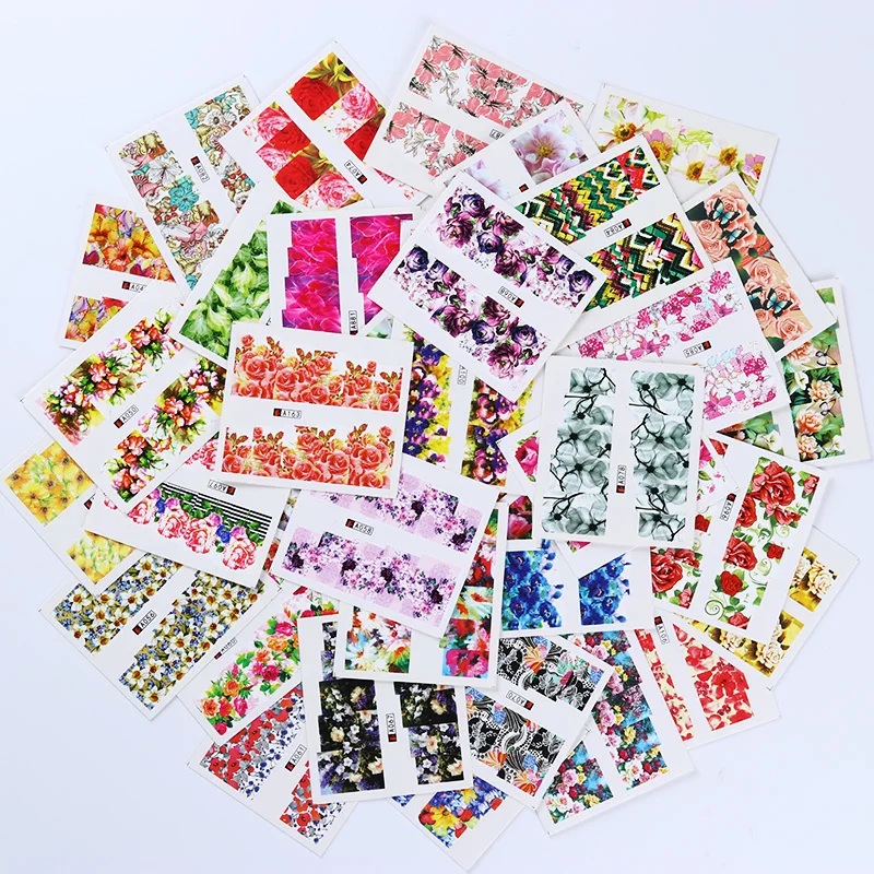 

50 Sheets Flower Pattern Nail Water Decal Set Rose Daisy DIY Tips Transfer Sticker Manicure Nail Art Decoration