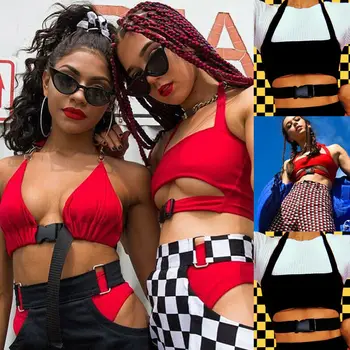 

Hip Hop Sexy Women Front Hole Bag Buckle Halter Bare Midriff Punk Tops Shirts
