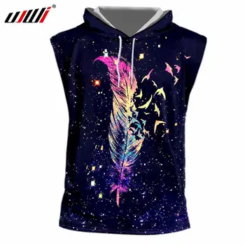 

UJWI Men's Casual Tank Top With Hood Print Galaxy Space 3D Tanktops Color Feather Cap Singlets Man Summer Cool Sleeveless Hoody