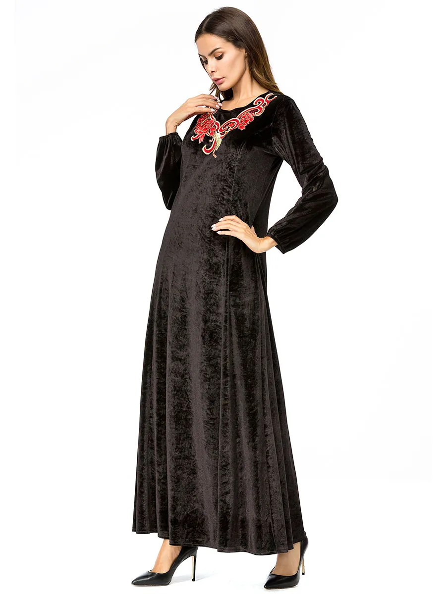Исламское платье с длинным рукавом халат бархатный Дубай Стиль черный женский мусульманская одежда Дубай Абая джилбаб Дубай Стиль Женский