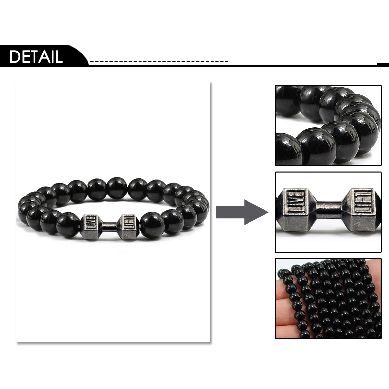1 шт. модный натуральный камень браслет для мужчин Fit Life Matte Black Stones браслет с гантелей фитнес мотивация тренажерный зал Ювелирные изделия Подарки Femme