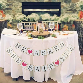 

"HE ASKED SHE SAID YES" Card Paper Banner Bunting Wedding Sign Rustic Paper Photo Props Garland Bridal Shower Engagement Party