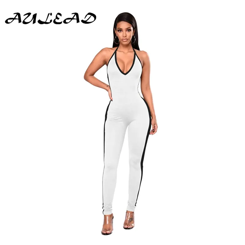 AULEAD Summer Fashion Brand Female Tight Halter Jumpsuit off white ...